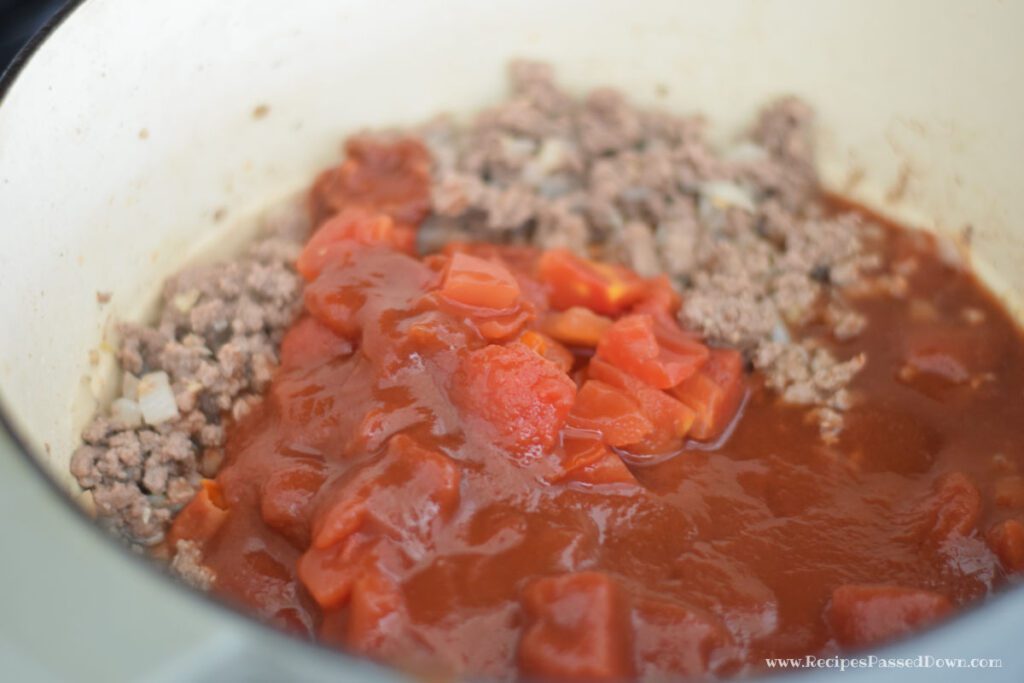 ingredients for American goulash in pot 