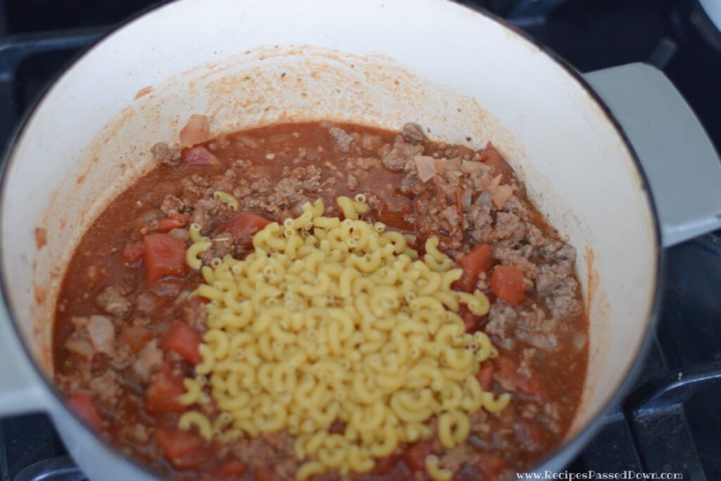 ingredients for American goulash in pot 